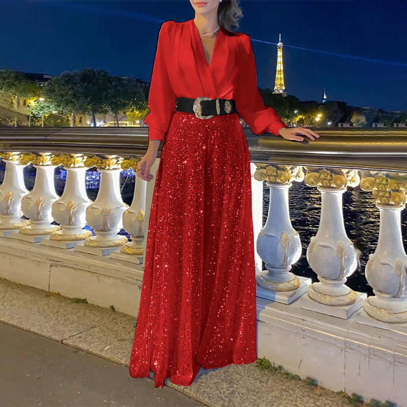 Cross-border European and American new fashion V-neck long-sleeved shirt elegant waist slimming sequined wide-leg pants-with belt