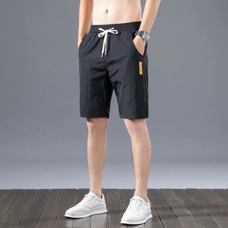 Men's Summer Sport Five-Finger Short Shorts, Thin Ice Silk Style, Casual, Loose Waistband, Slightly Wrinkled Air Conditioning Pants