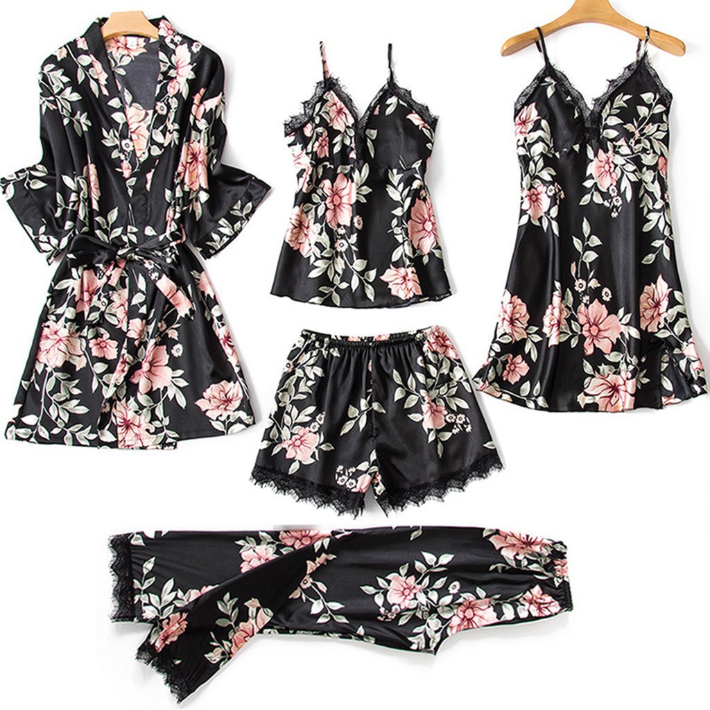 Pajamas manufacturers wholesale printing ladies imitation suspenders sleep loose comfortable lace five-piece home clothing underwear nightgown