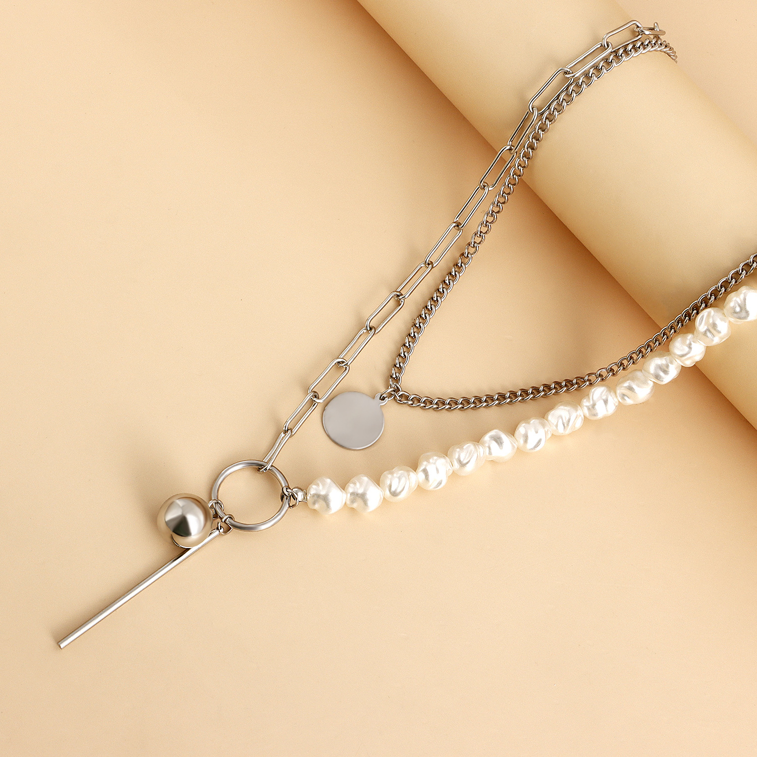 Europe and the United States cross-border jewelry stitching chain Imitation Baroque shaped pearl necklace geometric ball long stick pendant neck chain