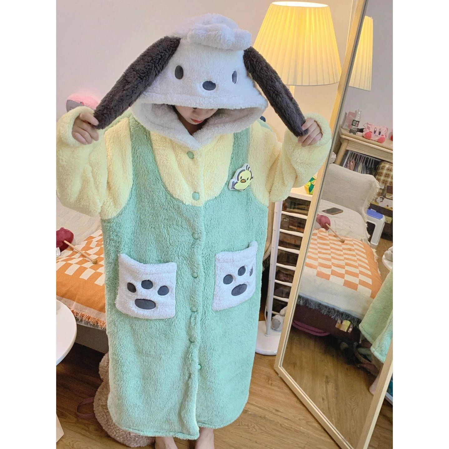 Cute Parchal Dog Pajamas Autumn and Winter Women's Coral Fleece Thickened Nightgown ins Style Outwear Hooded Home Suit