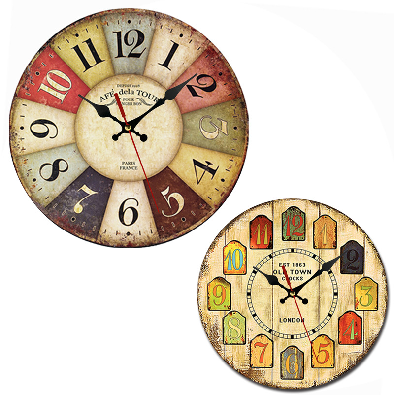 Cross-border hot-selling retro wall clock a European simple wooden wall clock 12 inch clock wholesale