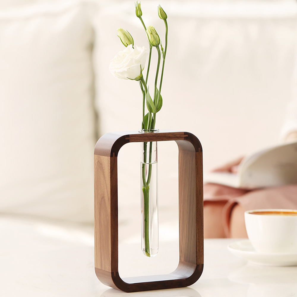 Solid Wood Test Tube Vase Living Room Transparent Glass Desktop Ornaments Black Walnut Wood Rich Bamboo Green Rose Hydroponic Flower Set