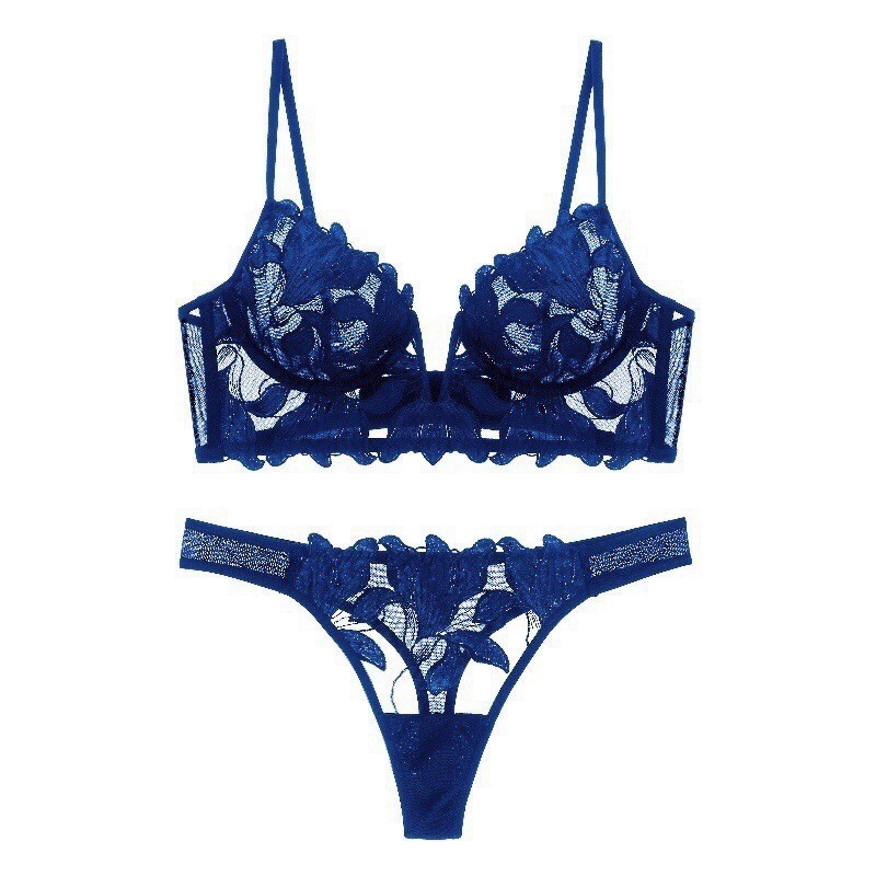European and American New Sexy Deep V Embroidered Lace Underwear Women's Ultra-thin Big Chest Shown Small Push-up Bra Set Bra