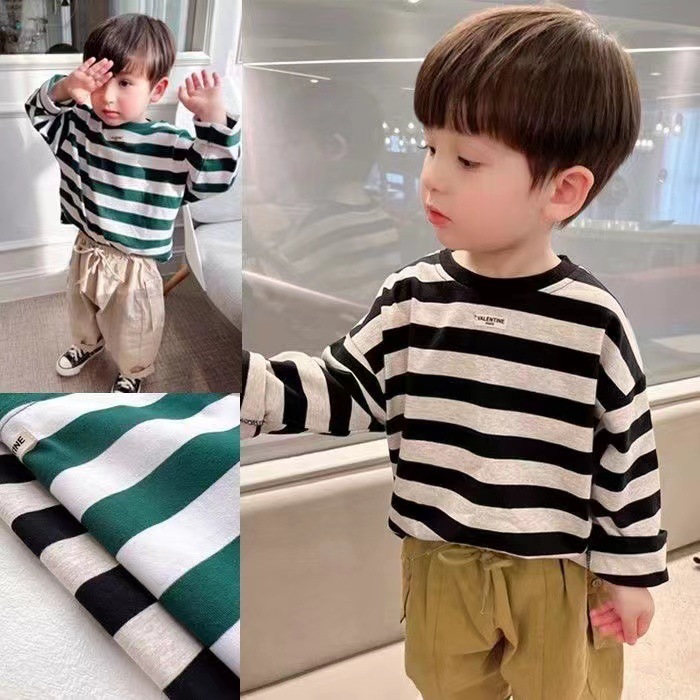 Autumn 2023 New Boys and Girls Long Sleeve Base Shirt Children's Korean Fashion Striped Round Neck Loose Striped Sweater