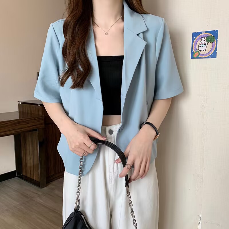 Suit Collar Short Sleeve Shirt Coat Women's Summer 2023 New Design Sense Niche Thin Shirt Short Top