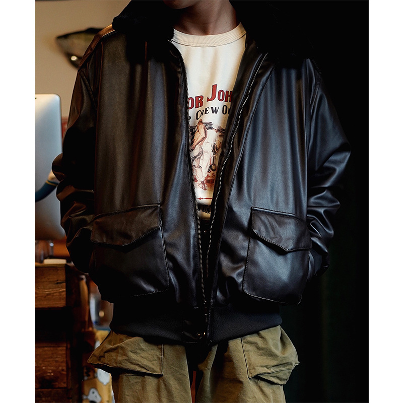 Norman Long American Military Uniform Vietnam War Air Force Winter A2 Retro Aviator Jacket Men's Fur Collar Leather Coat Cotton Coat Fashion