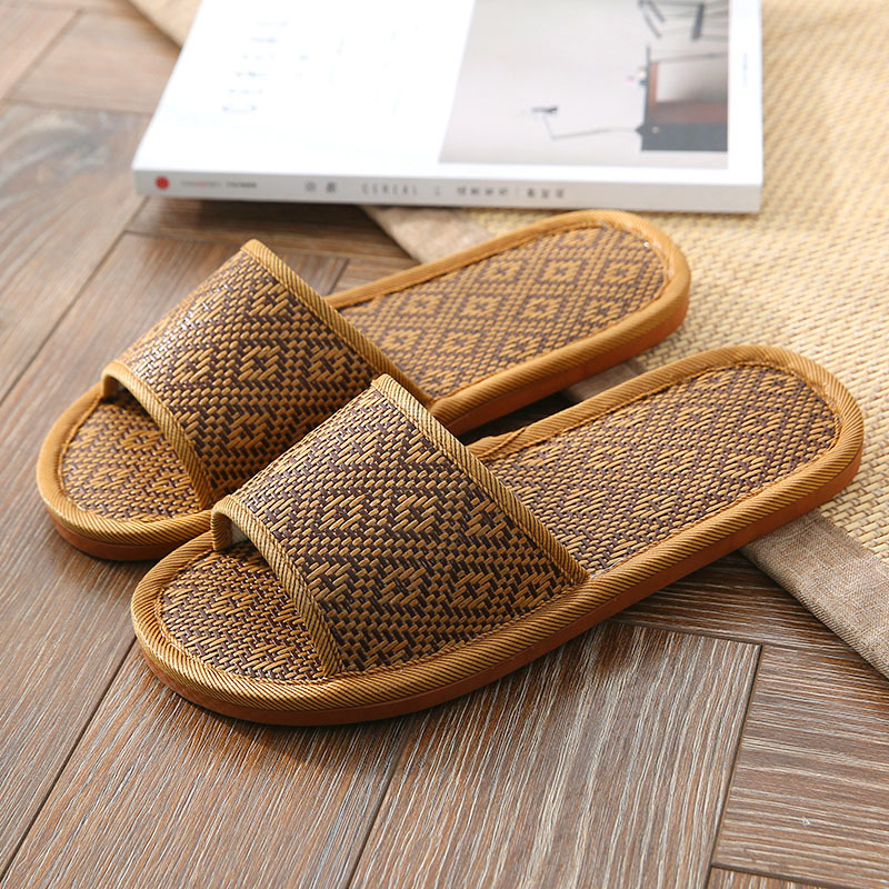 Rattan Grass Woven Sandals Summer Women's Indoor Household Non-Slip Wear-Resistant Thin Bottom Linen Bamboo Slippers for Men