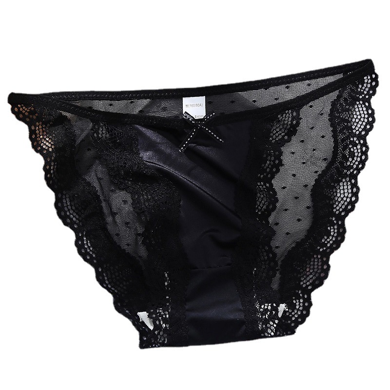 Japanese sexy lace women's underwear, thin and breathable ice silk satin briefs, fashionable polka-dot thin straps on the hips