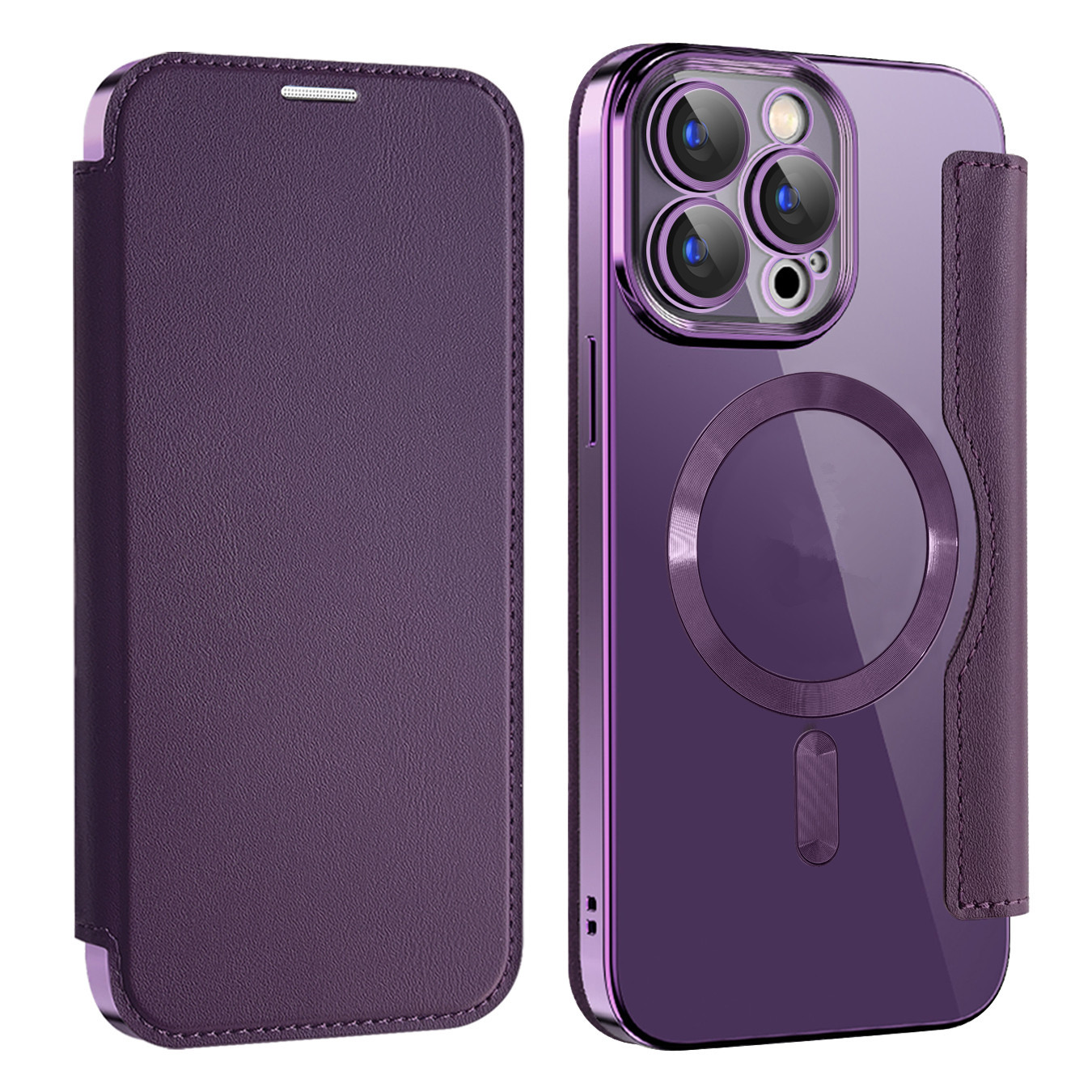 Electroplated Gold Shield Magnetic Suction Leather Case for iPhone15 Phone Case for Apple 14 All-inclusive Flip Lens Film Protective Case