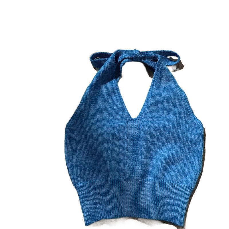 Girls' summer Hong Kong style halter knitted sling outer wear short solid color vest halter top beauty back 0158