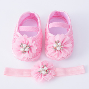 Pearl Flower Princess Shoes 0-1 Years Old Soft Bottom Toddler Shoes Hair Band Set Newborn Baby Shoes All-match Dress Shoes