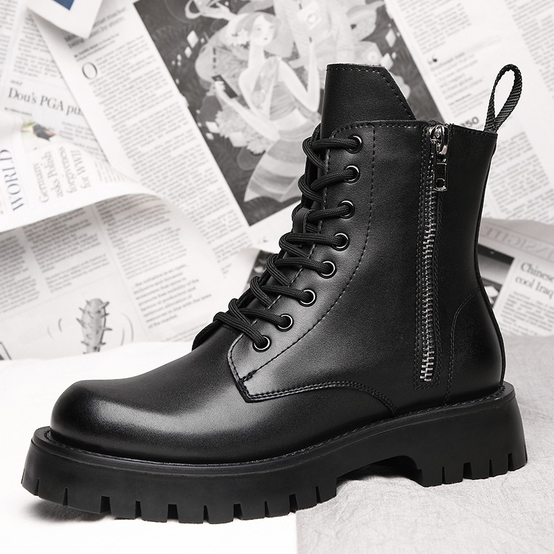 Trendy Brand Soft Leather Martin Boots Men's High-top British-style Mid-top Leather Shoes Men's Boots Winter Thick-soled fleece-lined Warm Cotton Shoes