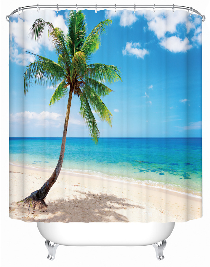 Factory pictures direct supply Amazon Coconut Beach series digital printing bathroom shower curtain 12 plastic hook accessories