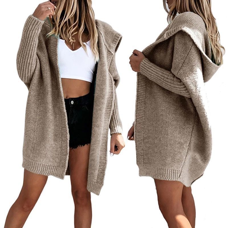Neuer einfarbiger Freizeitpullover für Damen im Herbst und Winter mit lockerer Strickjacke mit Kapuze, mittellange Jacke_voghion.com