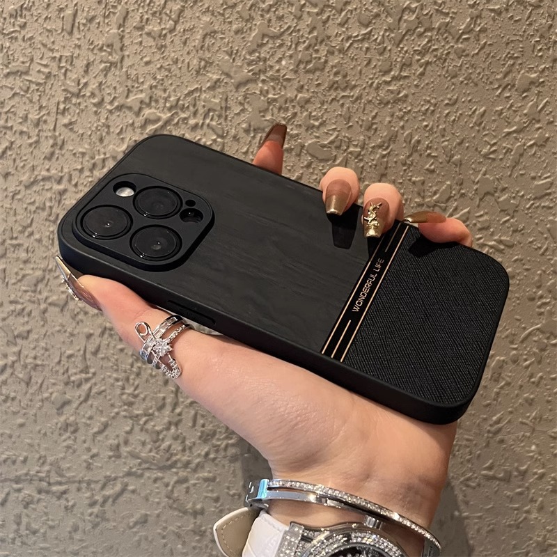 For Apple 15promax phone case plain leather new iphone14 advanced sense 16 wood grain 12 all-inclusive lens