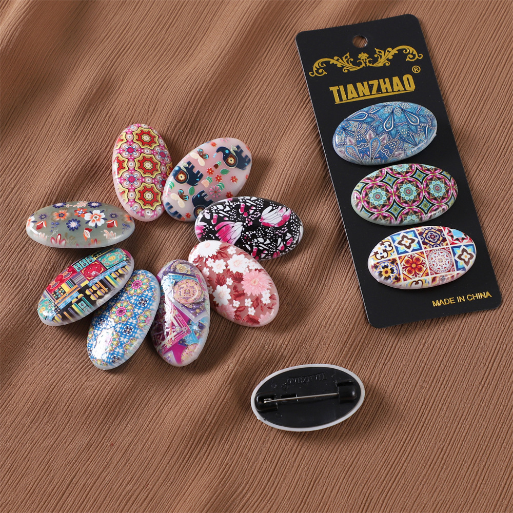 New Cross-border Cover Pin Jewelry Large Size Printed Oval Safety Pin Retail Fixed Scarf Pin Three Pack