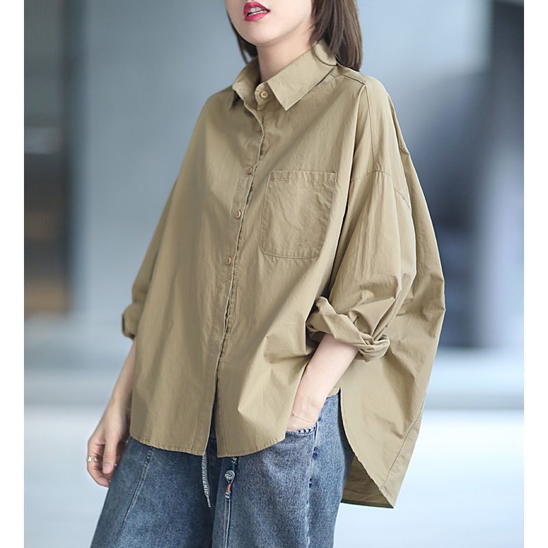Cotton Loose Casual Casual Style Three-Dimensional Cut Solid Color Casual Women's Shirt Women's Long-Sleeved 2025 Spring Top