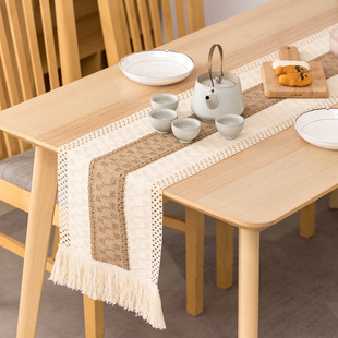 Amazon new cotton and linen stitching tassel table runner holiday wedding banquet decoration long two-color table runner bed towel