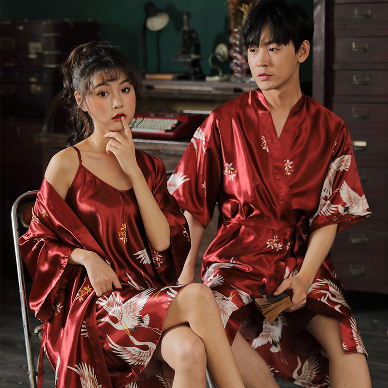 2020 New Women's Pajamas Spring and Autumn Silk Printing Pajamas Set Crane Sexy Morning Gown