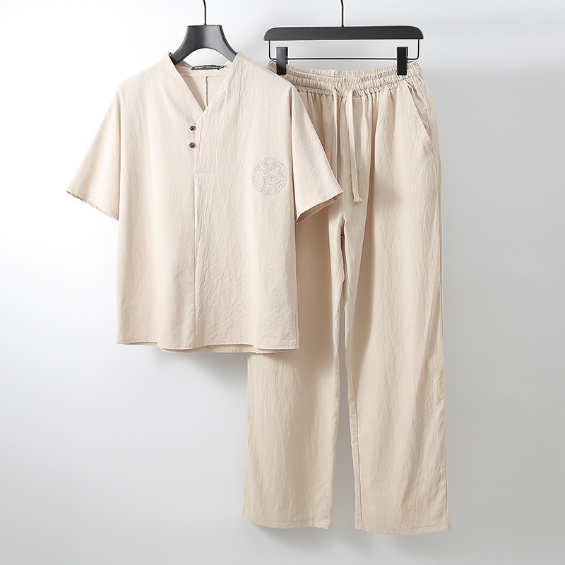 Cotton and Linen Suit Men's Summer V-collar Brand Two-piece Set Chinese Style Large Size Clothes Casual Men's Linen Short-sleeved T-shirt