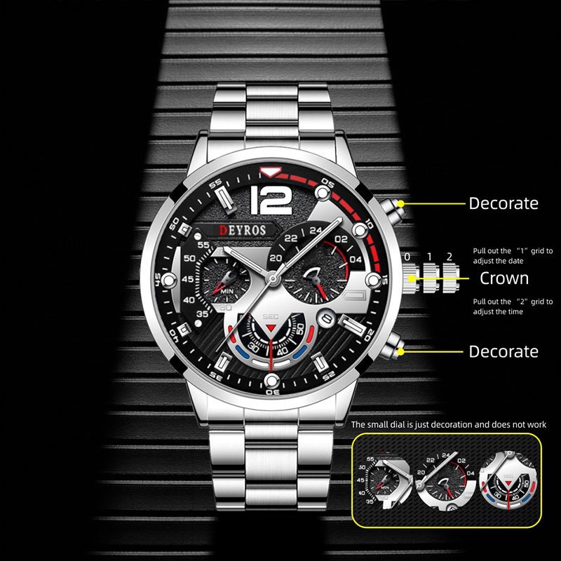 Deyros Men's Watches Sport Watches Six-hand Stainless Steel Strap Calendar Men's Luminous Wristwatches For Men