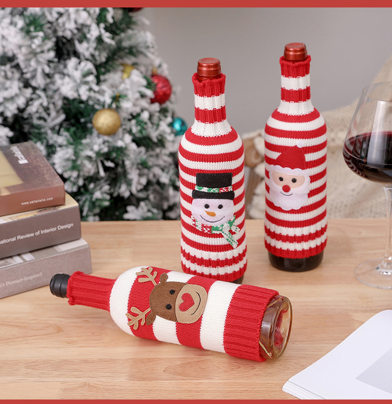 Neu Weihnachtsschmuck Wolle Acryl Gestrickte Gestreifte Weinflasche Set Elch Schneemann Wein Champagner Flasche_voghion.com