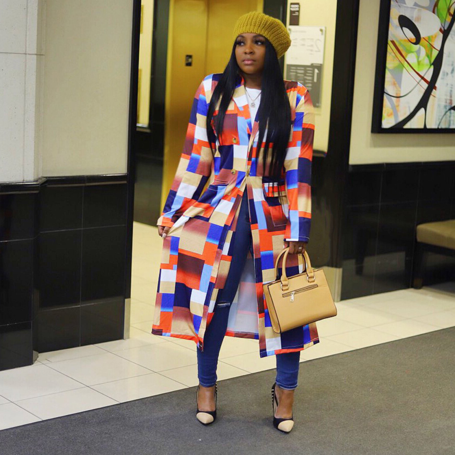 Autumn and winter New trench coat cross-border European and American plus size plaid printed double-breasted lapel coat coat women's coat_voghion.com