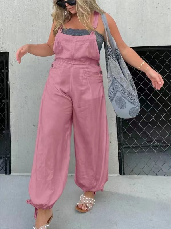 2023 European and American cross-border foreign trade Women's suspender jumpsuit solid color stitching suspender ankle-tied trousers