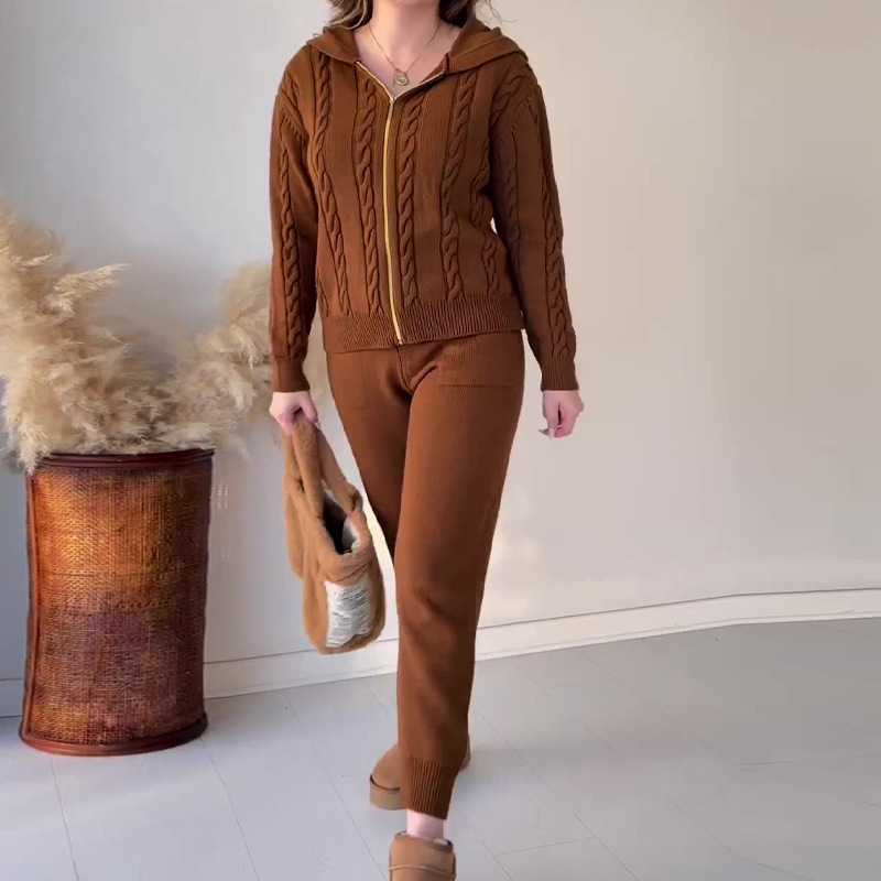 Fall 2023 new European and American Amazon cross-border solid color hemp pattern hooded zipper top casual home suit