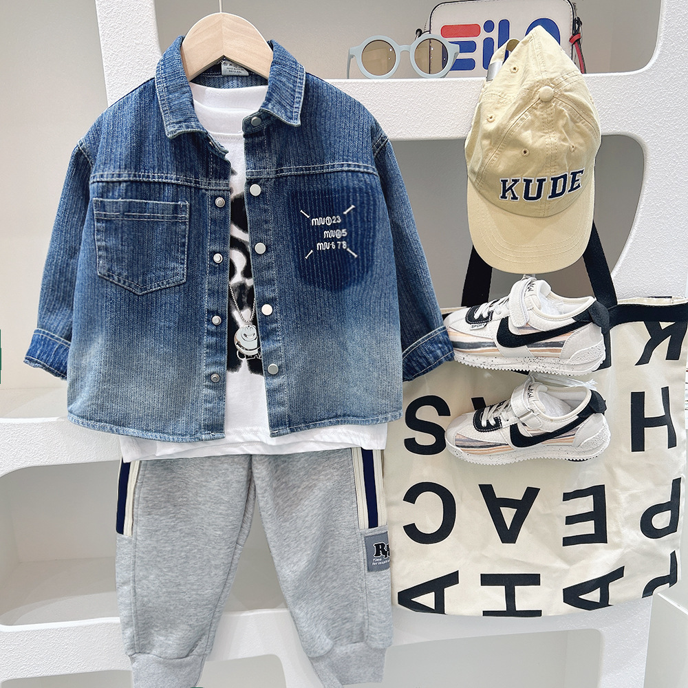 Boys' Denim Jacket Spring and Autumn 2024 Autumn Large Children's Work Shirt Denim Jacket Retro Shirt Loose Trendy
