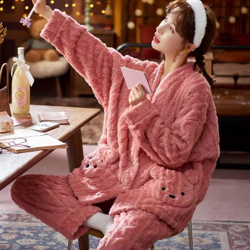 Pajamas Women's Autumn and Winter Coral Fleece-lined Thickened Winter Warm Cartoon Cardigan Outwear Flannel Home Clothes
