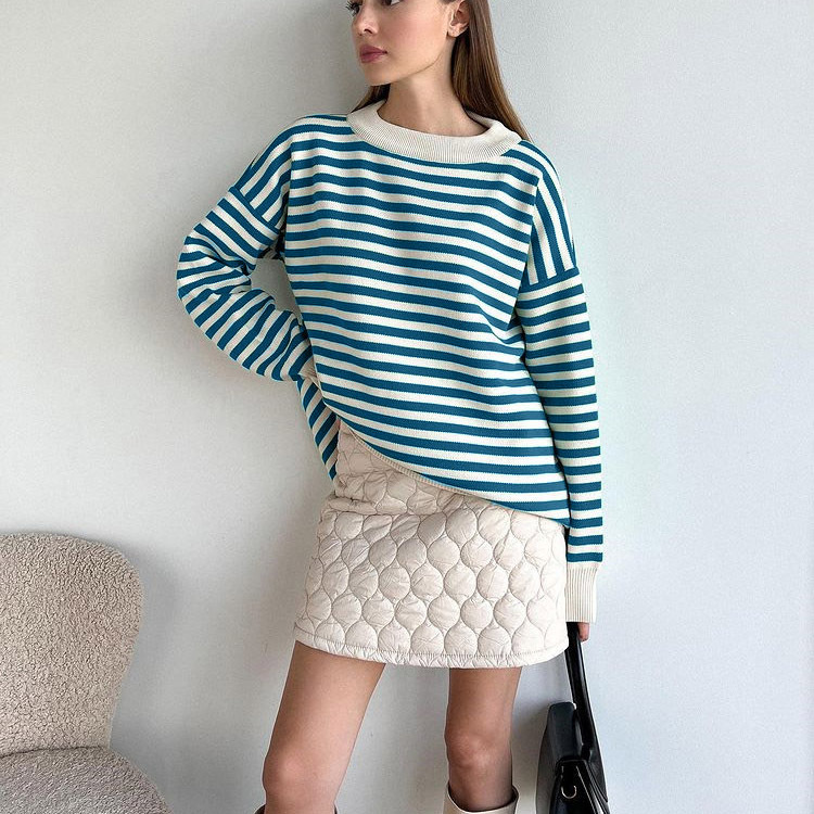 Cross-border Sweater Women's European and American Casual Stripe Contrast Color Loose Long-sleeved Crewneck Sweater Pullover Woolen Top Autumn and Winter