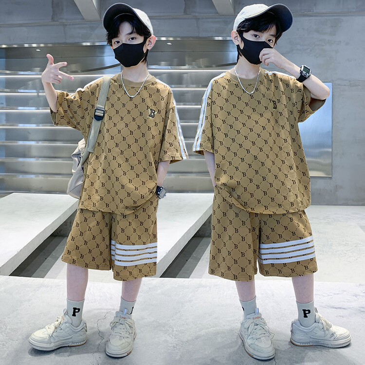 Summer new children's short-sleeved shorts suit small and medium boys letter printing candy color sports leisure two-piece set