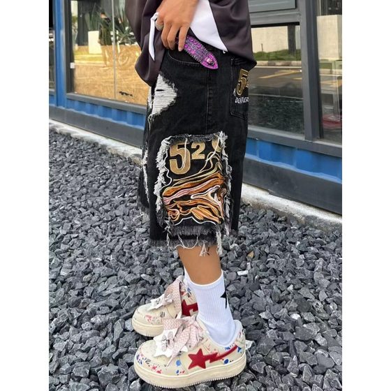 European and American street fashion hip hop men and women couple ins fashion brand ripped Embroidered Tassel High Street Denim shorts