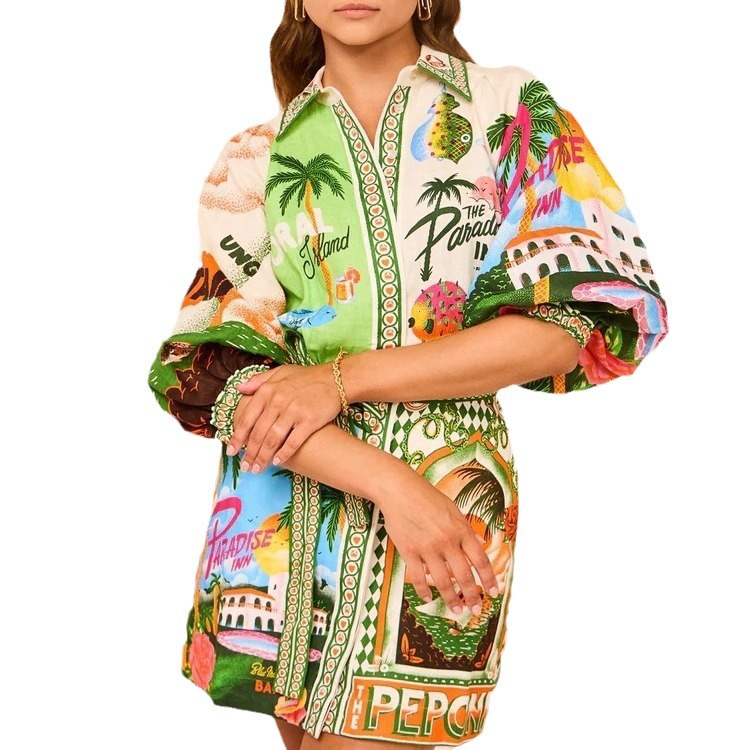 European and American cross-border 2024 New AliExpress independent station casual fashion printed shirt cardigan temperament versatile dress