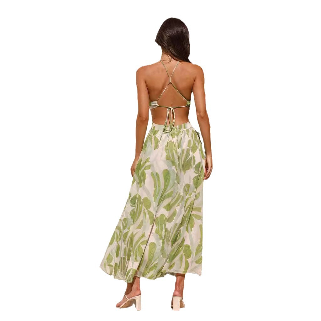 European and American cross-border Summer 2024 new women's V-neck backless lace-up printed large swing long dress