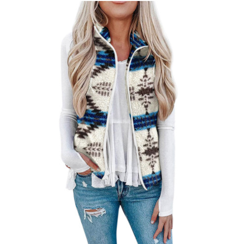 Women's 2022wish European and American Amazon pocket zipper women's Christmas top plush printed vest jacket