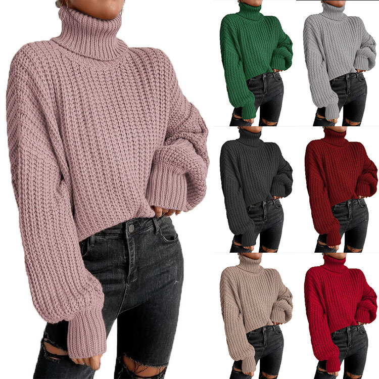 Pull à col roulé en tricot ample à manches longues pour femme, nouvelle mode automne et hiver, commerce extérieur transfrontalier_voghion.com