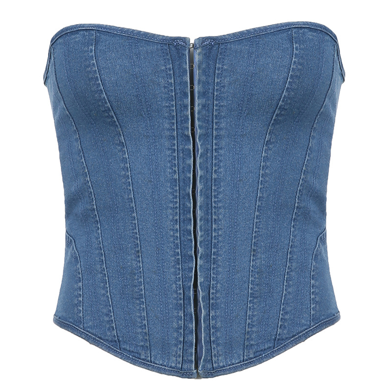 Spring and Summer 2023 Amazon European and American New Women's Wavy Collar Fishbone Slim-fit Strap Solid Color Denim Tube Top Vest