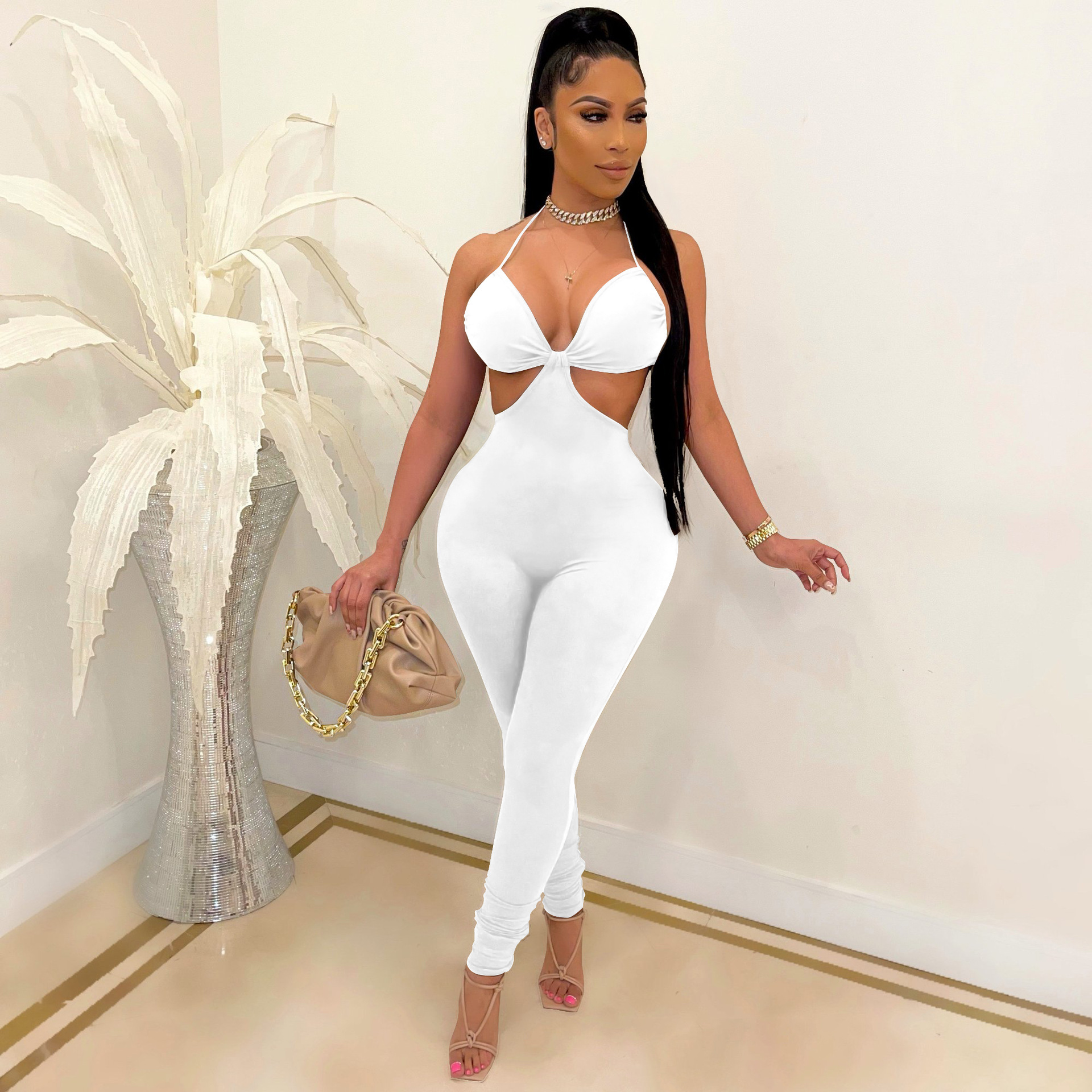 D8091 European and American Women's Clothing Amazon Independent Station Solid Color Backless Sexy Jumpsuit Slim Fit Pants Nightclub Clothes