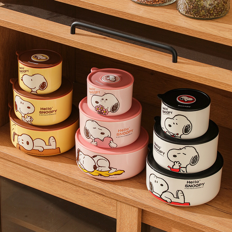 3-piece snoopy fresh-keeping bowl cartoon cute cute fresh-keeping box microwave oven snoopy ceramic lunch box wholesale