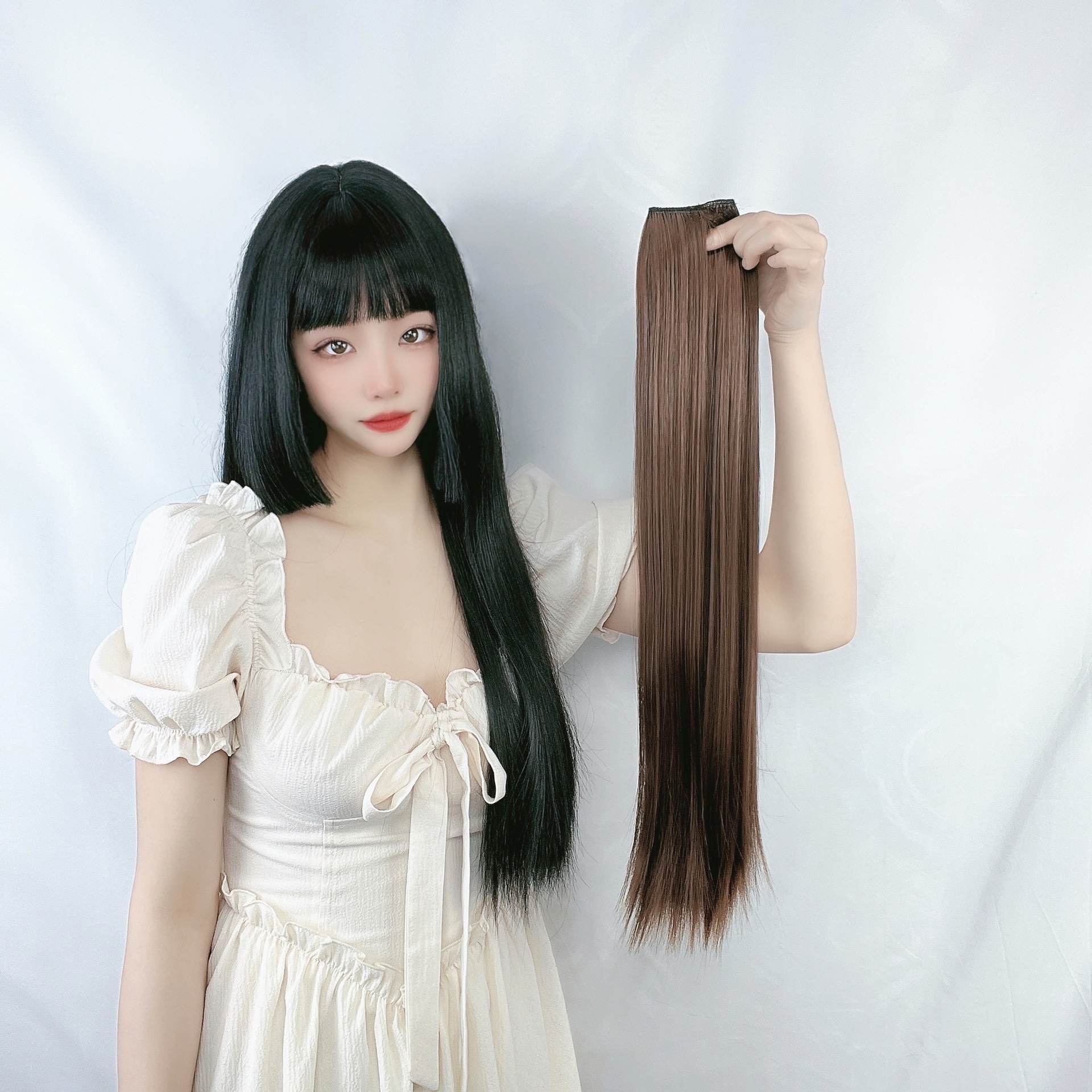 Wig women's long hair a piece of four card high temperature silk hair piece cross-border foreign trade black long straight wig a generation of hair