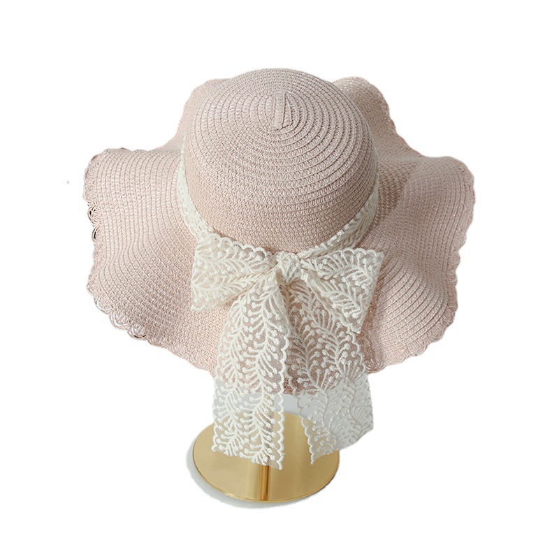 Straw Hat Women's Korean-style Lace Bow Big Brim Foldable Sun Protection Sunhat Seaside Beach Sweet Fisherman Hat