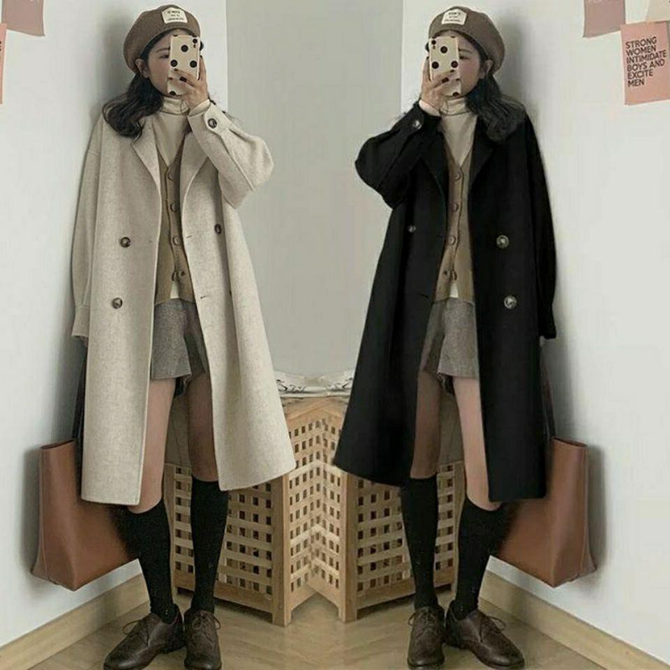 Wollmantel Damen Mittellang Klein Frühling und Herbst Neuer Hepburn-Stil Koreanischer Lockerer Beliebter Wollmantel Strickjacke_voghion.com