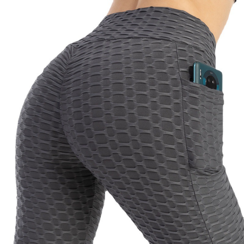 Amazon European and American Leggings Peach Fitness Pants High Waist Hip Leggings Pocket Jacquard Bubble Yoga Pants