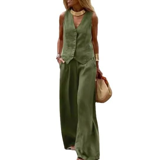European and American Women's Cross-border 2024 New Fashion Solid Color suit Vest Trousers Collage Stitching Casual Two-piece Set for Women