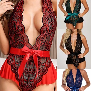 2022 European and American sexy underwear sex two-color lace backless lace stitching sling one-piece set