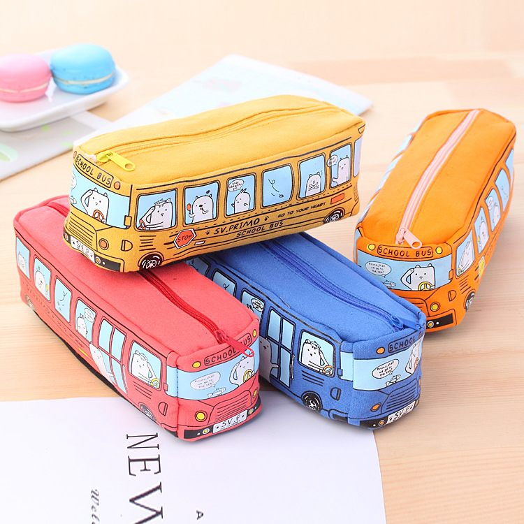 Korean Creative Student Stationery Small Animal Bus Pencil Case Bus Pencil Case Canvas Stationery Box for Men and Women