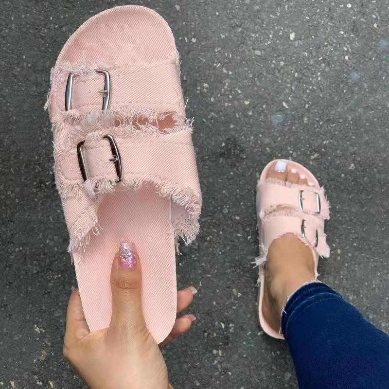 Cross-border Large Size 2021 Summer Unique New European and American Casual Denim Solid Color Canvas Buckle Two-character Flat Slippers with Buckle